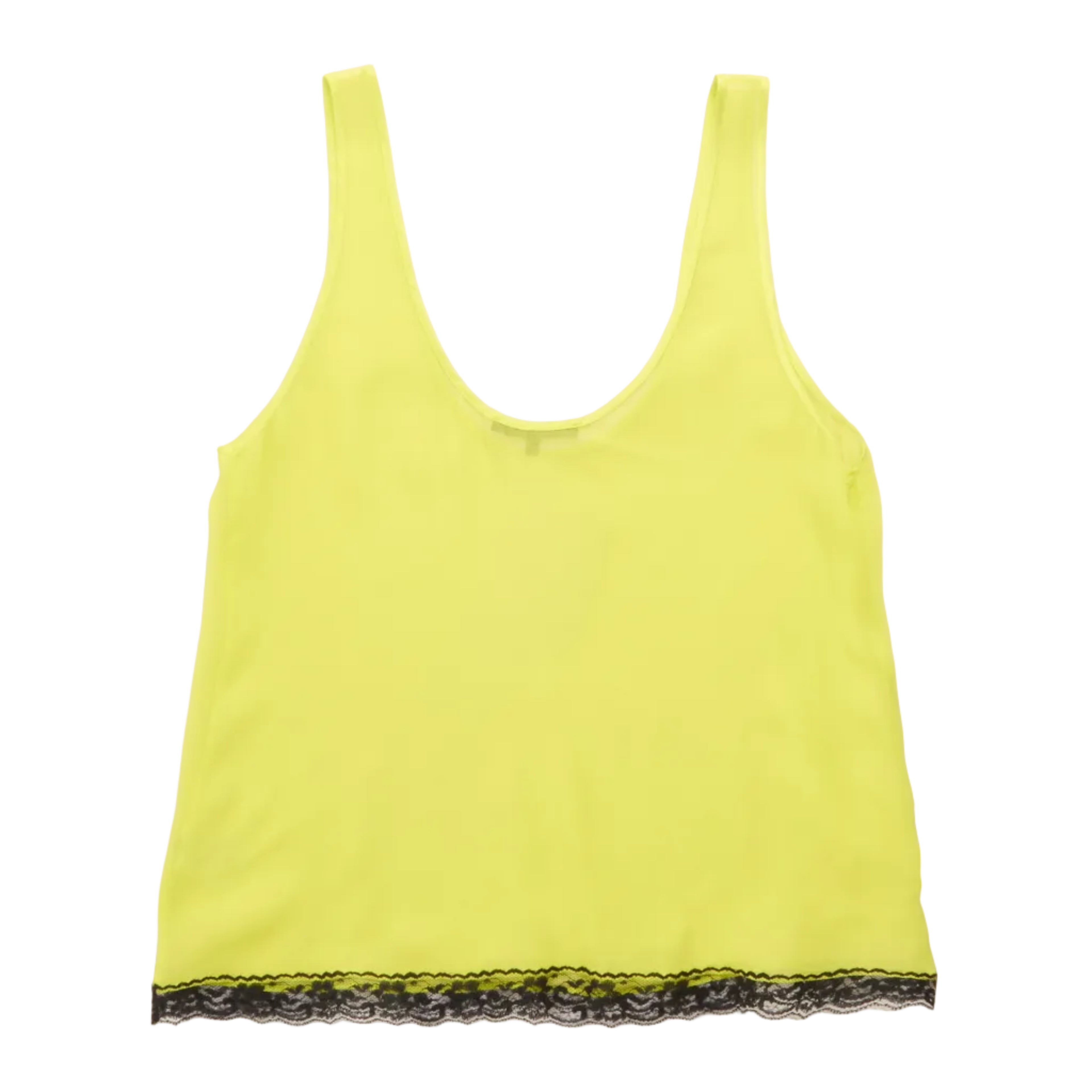 A bright yellow sleeveless tank top with a scoop neckline and a black lace trim along the bottom hem, displayed flat against a white background.