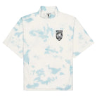 A short-sleeve, high-collar windbreaker in a white-and-light-blue tie-dye pattern, featuring a black Malbon and Grateful Dead skull graphic on the left chest.