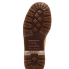 The outsole of a brown leather boot, showing deep tread patterns and a molded logo embossed in the center, photographed against a white background.
