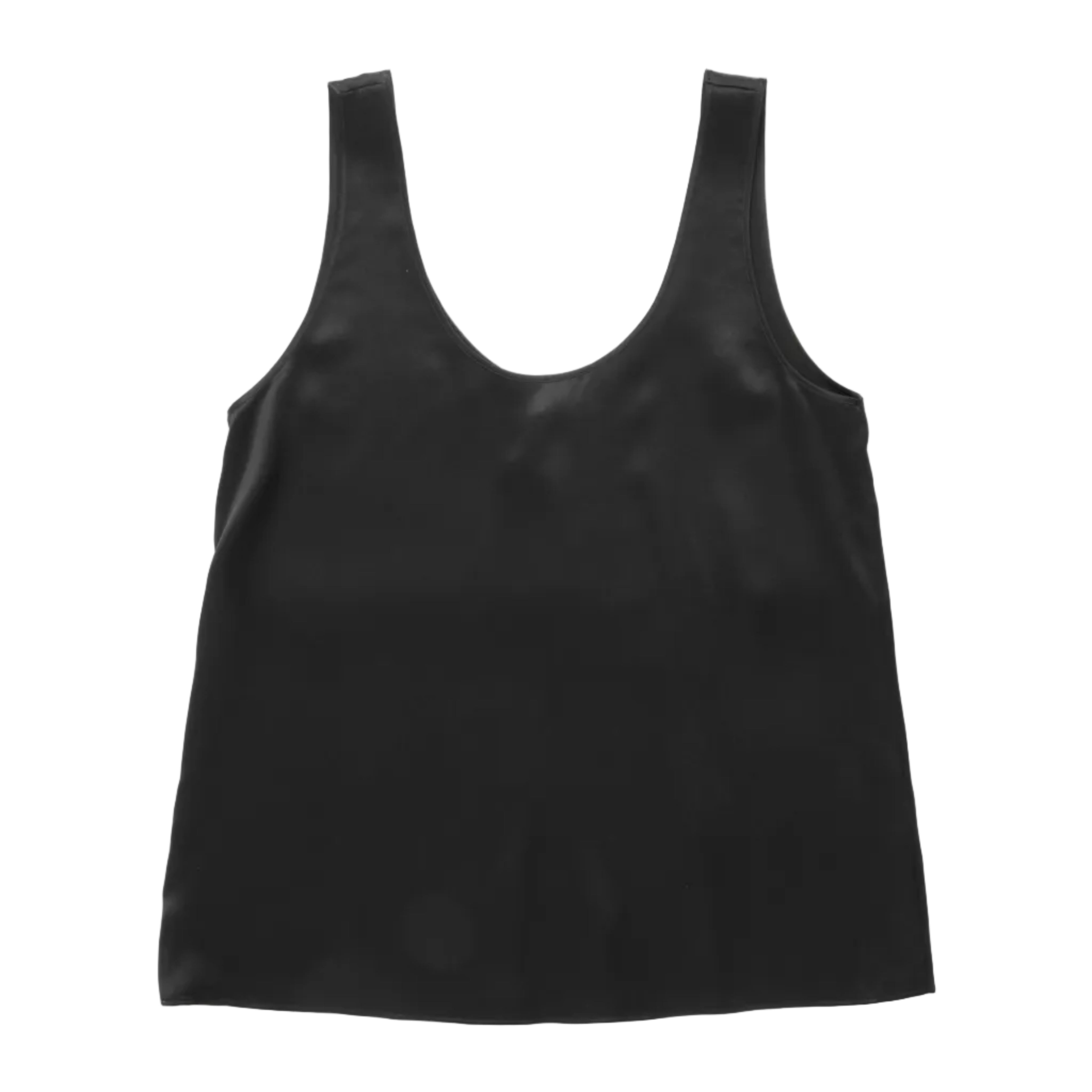 A black sleeveless scoop-neck tank top with wide shoulder straps, laid flat against a light gray background.
