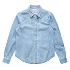 A light blue denim western-style shirt jacket with white contrast stitching, decorative chest embroidery, and a button-down front, shown flat against a white background.