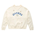 An off-white crewneck sweatshirt featuring the word 'MOTHER' in blue letters with rhinestone embellishments, surrounded by small gold star and eye graphics, laid flat against a white background.