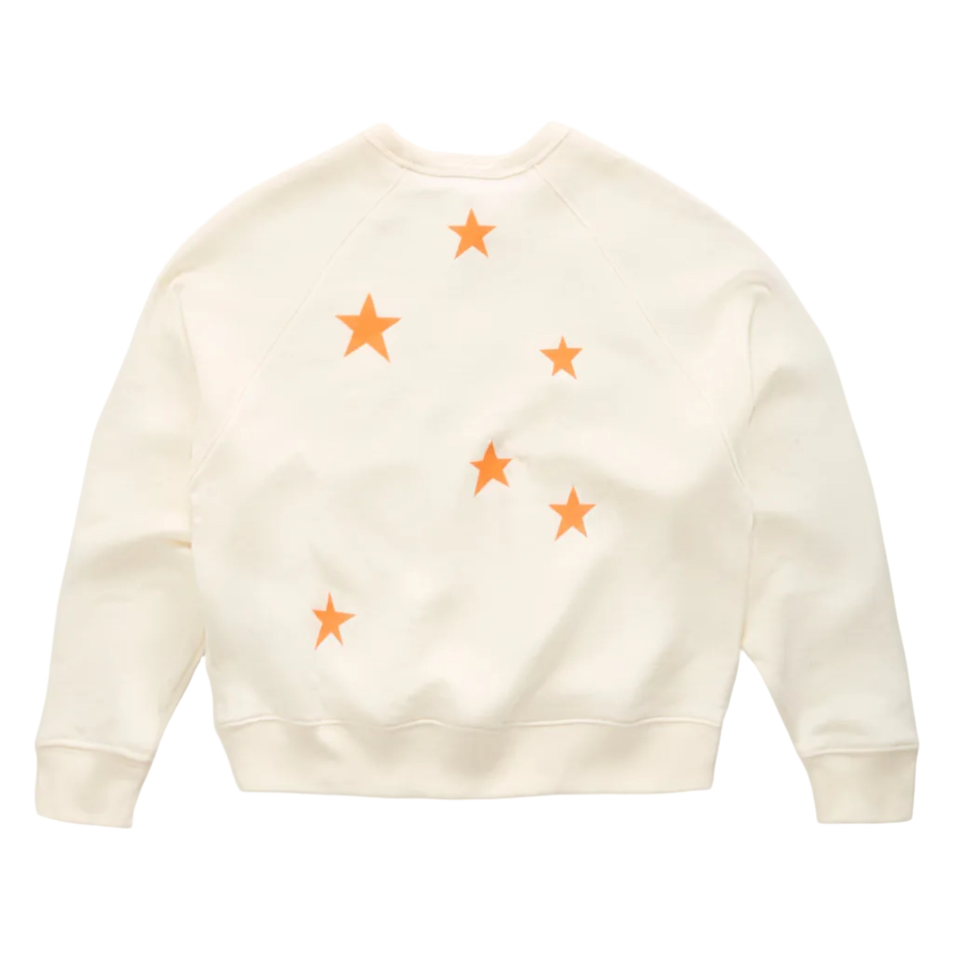 Back view of an off-white crewneck sweatshirt with five orange embroidered stars scattered across the front, displayed flat against a clean white background.