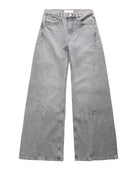 A pair of wide-leg gray denim jeans shown flat against a white background.