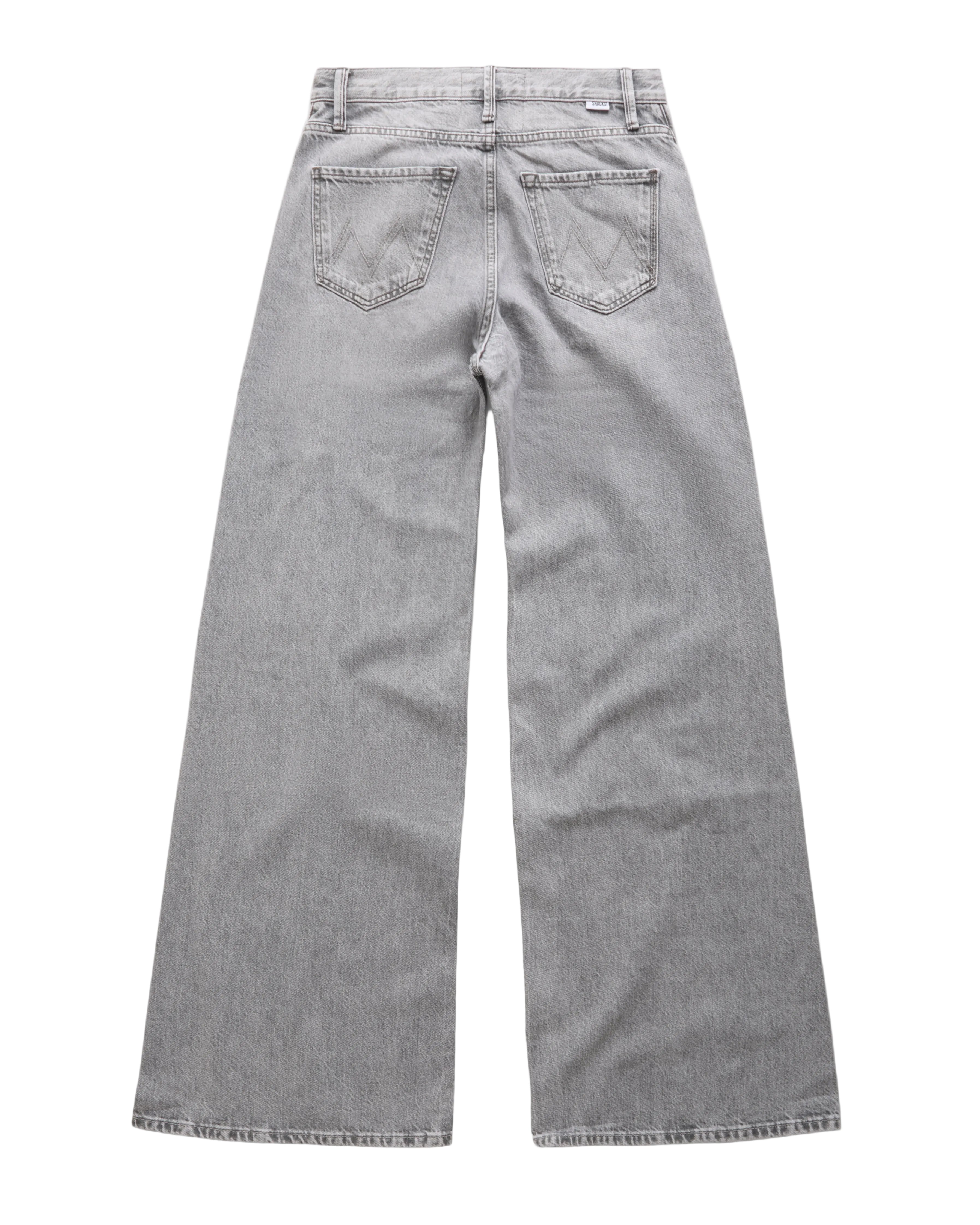 Gray denim jeans shown from the back, featuring a straight-leg fit and classic five-pocket design, laid flat against a white background.