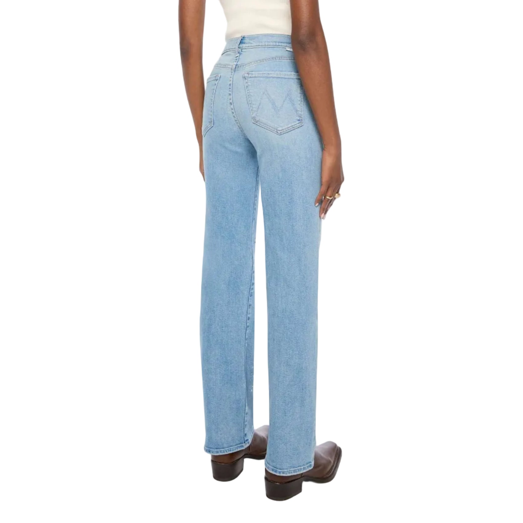A model shown from the back wearing light-wash blue straight-leg jeans and a white top, standing against a plain white background.
