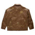 A brown faux-leather jacket shown from the back, decorated with gold star and flower embellishments, studded details, and the word 'Mother' written in script near the bottom.