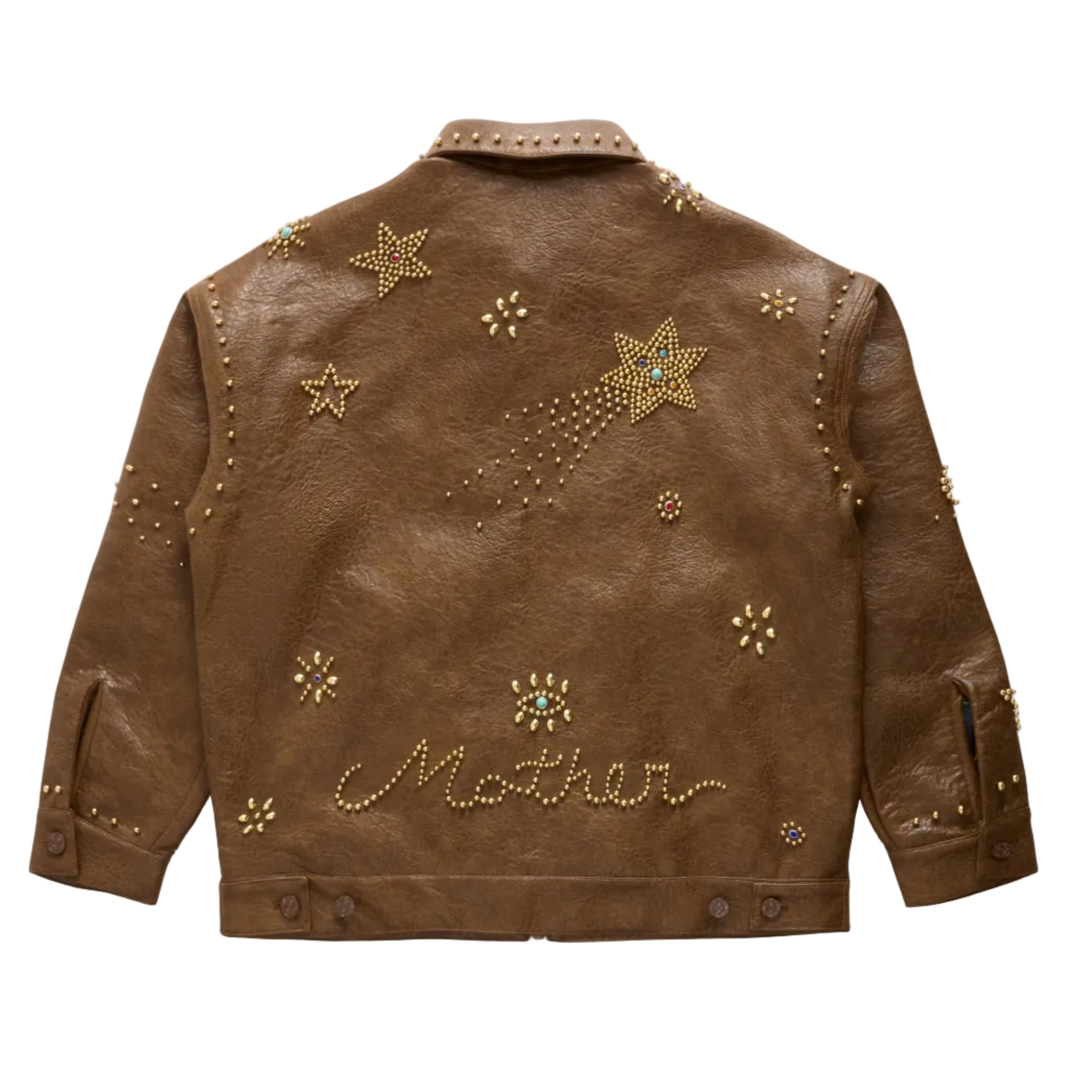 A brown faux-leather jacket shown from the back, decorated with gold star and flower embellishments, studded details, and the word 'Mother' written in script near the bottom.