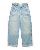 Light blue wide-leg denim jeans with a faded wash and rolled cuffs, shown flat against a white background.