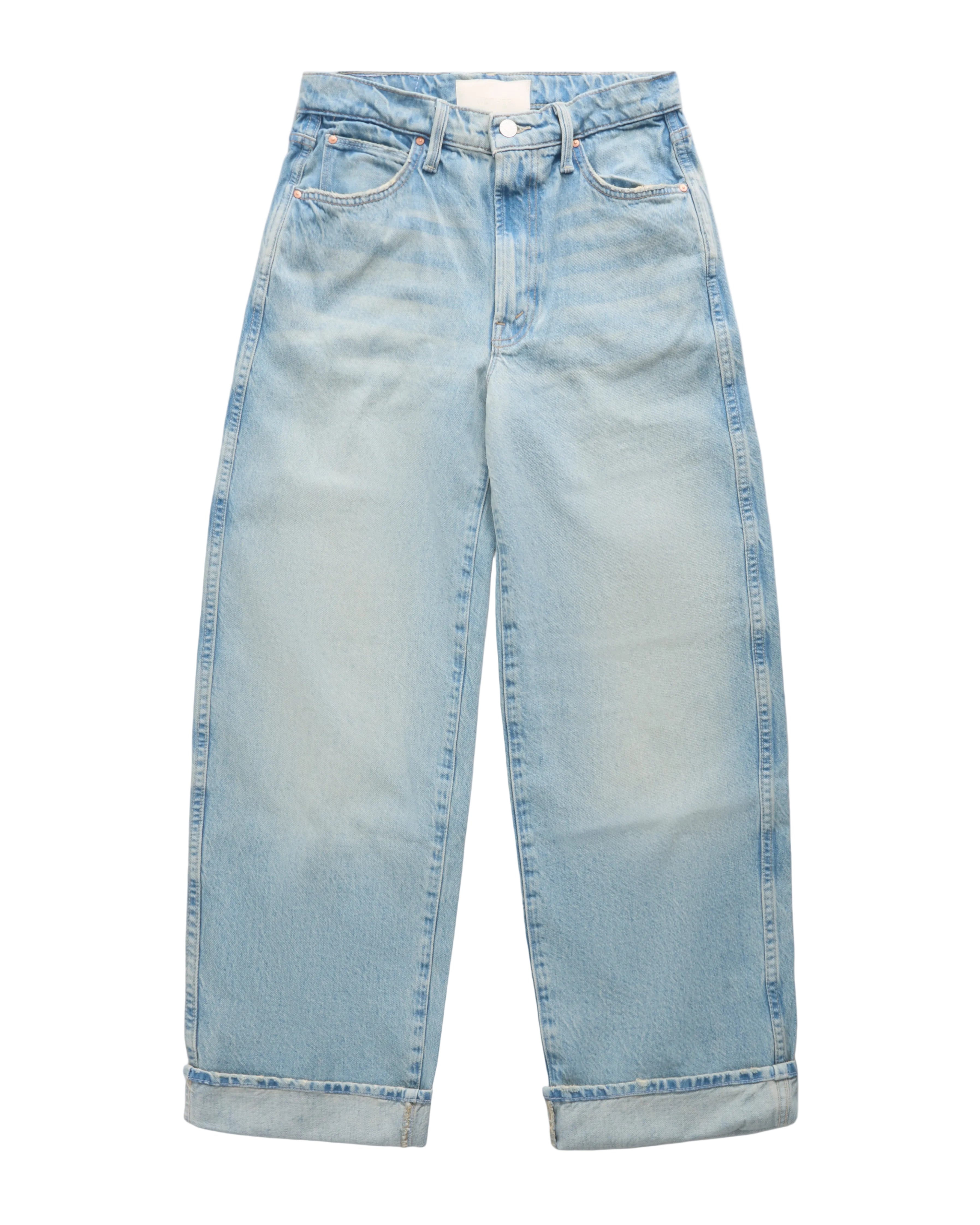 Light blue wide-leg denim jeans with a faded wash and rolled cuffs, shown flat against a white background.