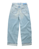 Light wash blue denim jeans shown from the back, featuring a straight-leg fit, classic five-pocket design, and rolled hems, photographed against a clean white background.