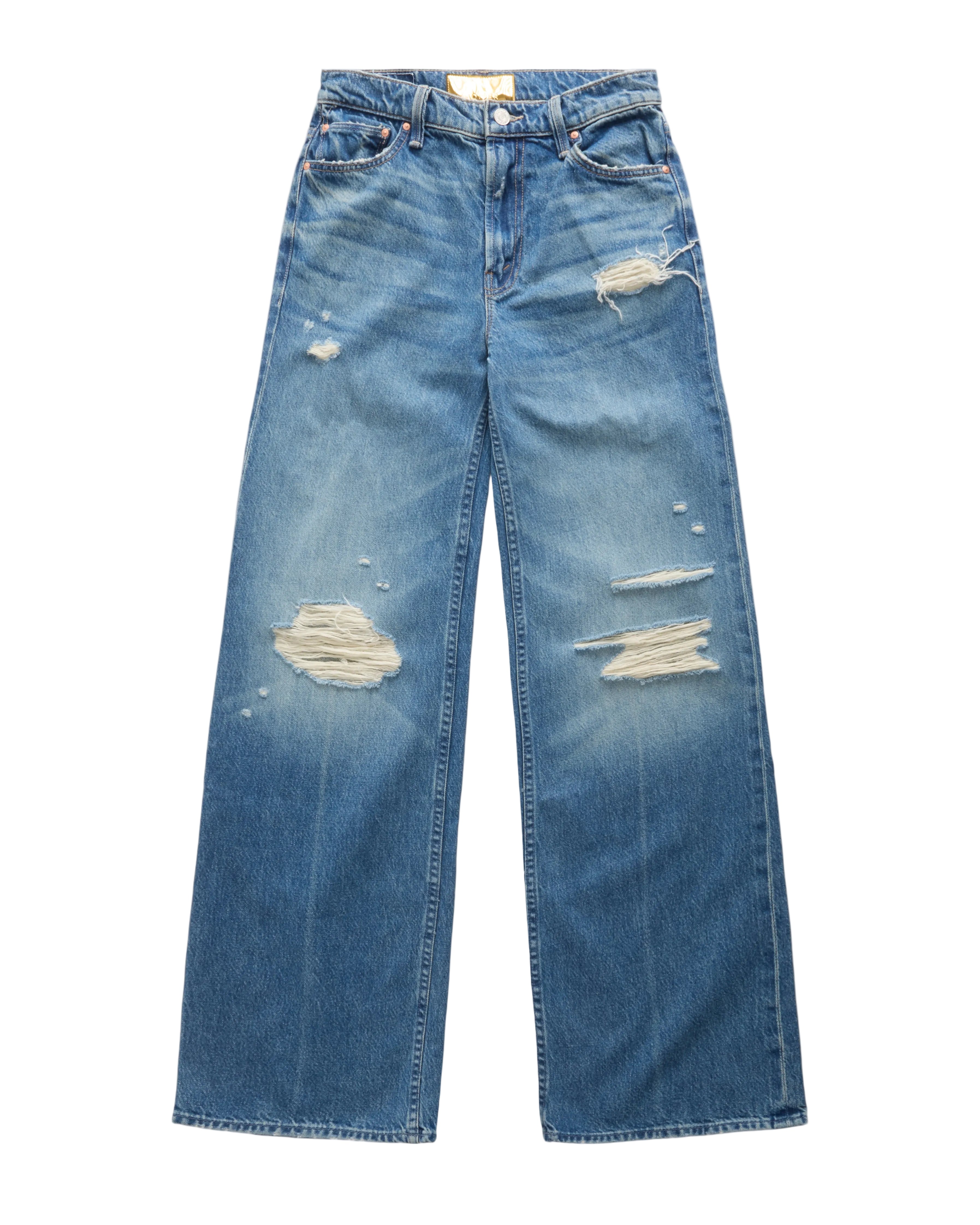 Light blue wide-leg denim jeans with distressed rips on the thighs and knees, shown flat against a white background.