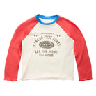 A raglan-style long-sleeve shirt with an off-white body, coral-red sleeves, and a blue collar trim. The front features a distressed gray graphic with the text 'PROPERLY SPACED OUT STATE LET THE MIND WANDER' and a circular pattern.