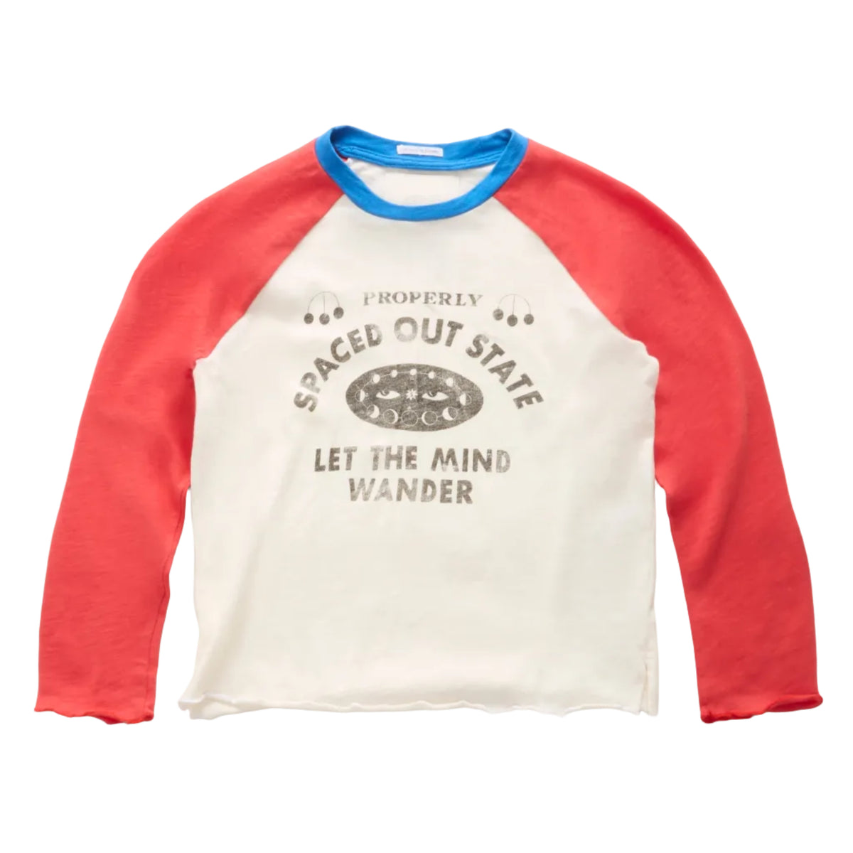 A raglan-style long-sleeve shirt with an off-white body, coral-red sleeves, and a blue collar trim. The front features a distressed gray graphic with the text 'PROPERLY SPACED OUT STATE LET THE MIND WANDER' and a circular pattern.
