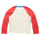 A raglan-style long-sleeve shirt shown from the back, featuring an off-white body, coral-red sleeves, and a bright blue ribbed neckband, laid flat against a white background.