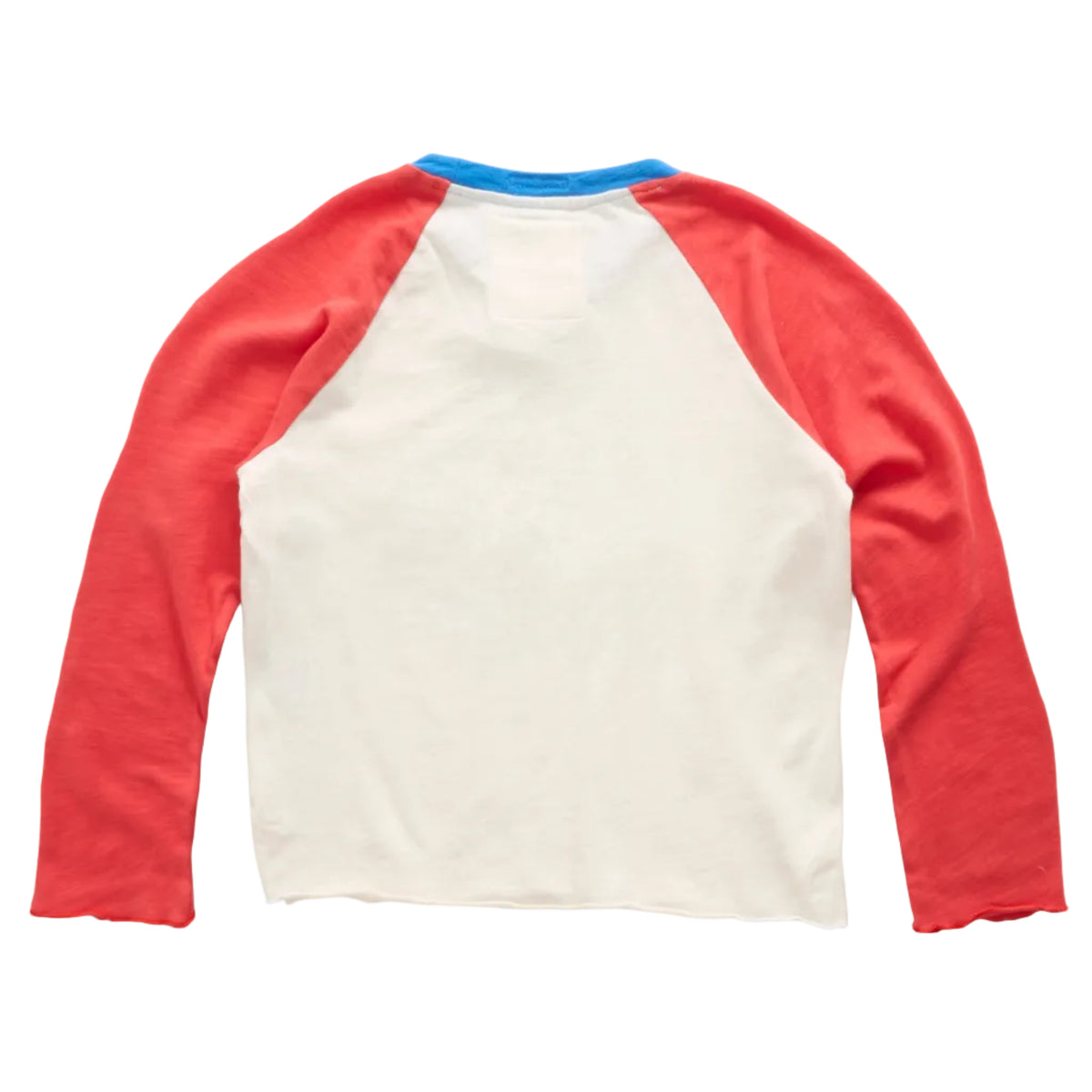 A raglan-style long-sleeve shirt shown from the back, featuring an off-white body, coral-red sleeves, and a bright blue ribbed neckband, laid flat against a white background.