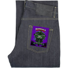 Dark gray indigo jeans folded to show the back pocket area, featuring a purple Guardian II patch on the pocket.