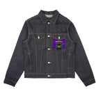 A dark blue denim jacket with contrast light stitching, featuring a purple graphic patch on the left chest pocket with the text 'Guardian II' and a green illustration.