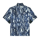 A short-sleeve button-up jacket with a blue and white abstract paint splatter pattern, featuring a stand collar and a small embroidered logo on the left chest, displayed on a clean white background.