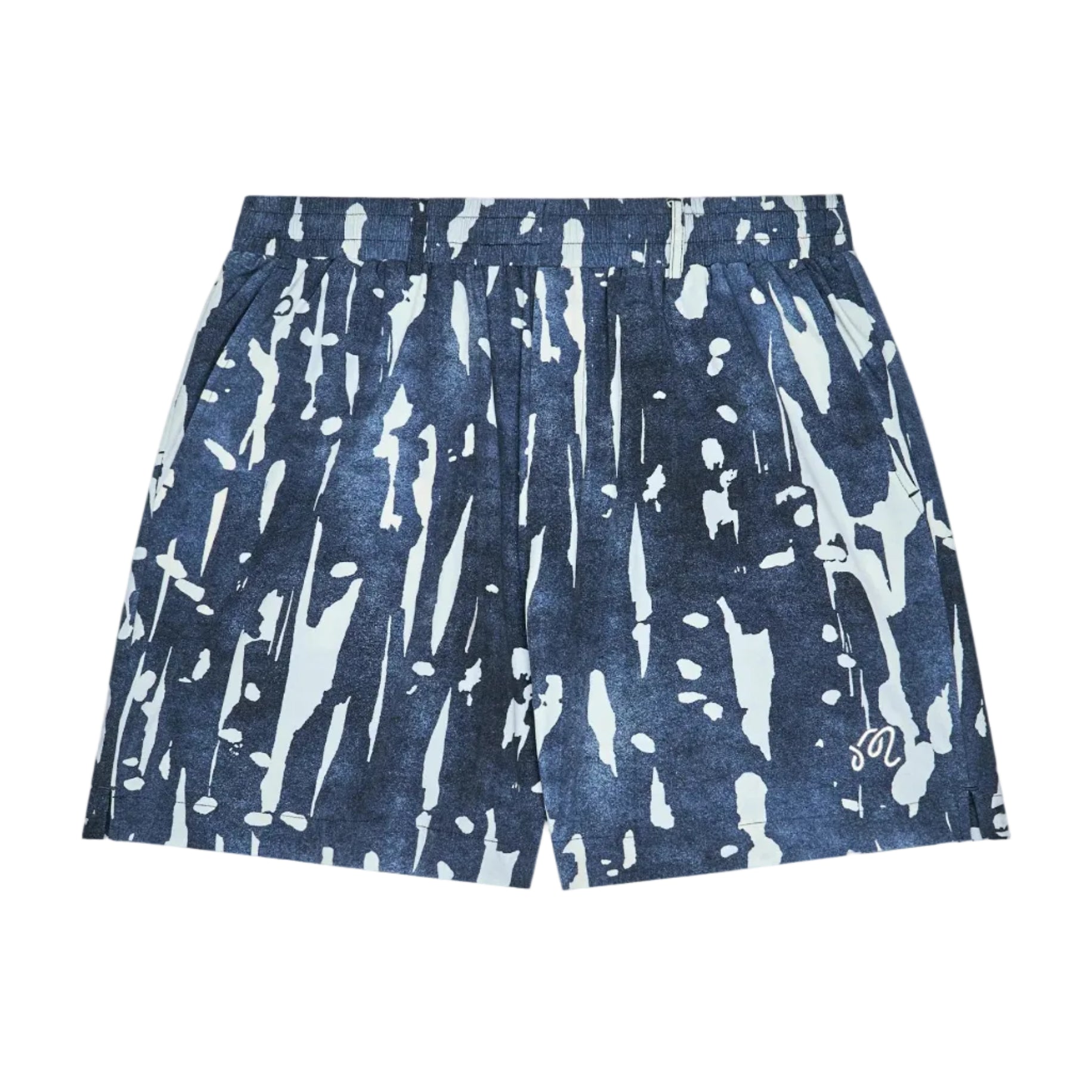 A pair of shorts featuring an abstract blue and white paint-splatter pattern, displayed flat against a white background.