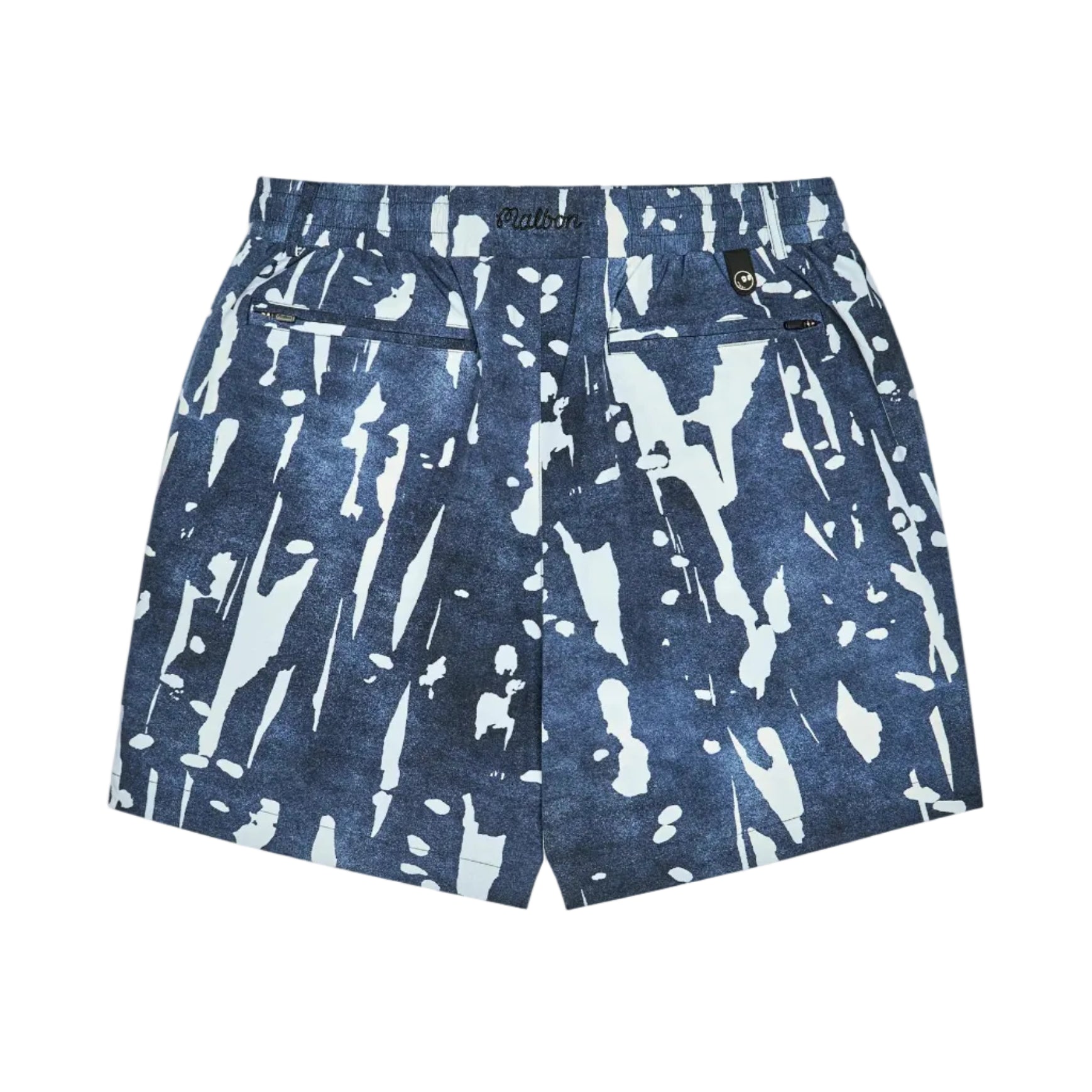 A pair of shorts featuring a navy blue and white abstract paint-splatter pattern, displayed flat against a white background.