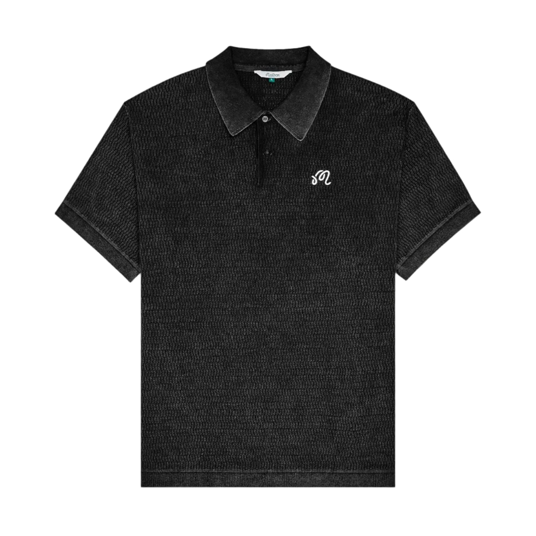 A black short-sleeve polo shirt with a textured knit pattern, featuring a small white embroidered logo on the left chest, displayed against a white background.