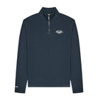 A dark navy blue quarter-zip pullover sweater with a small white embroidered logo on the left chest, displayed on a clean white background.