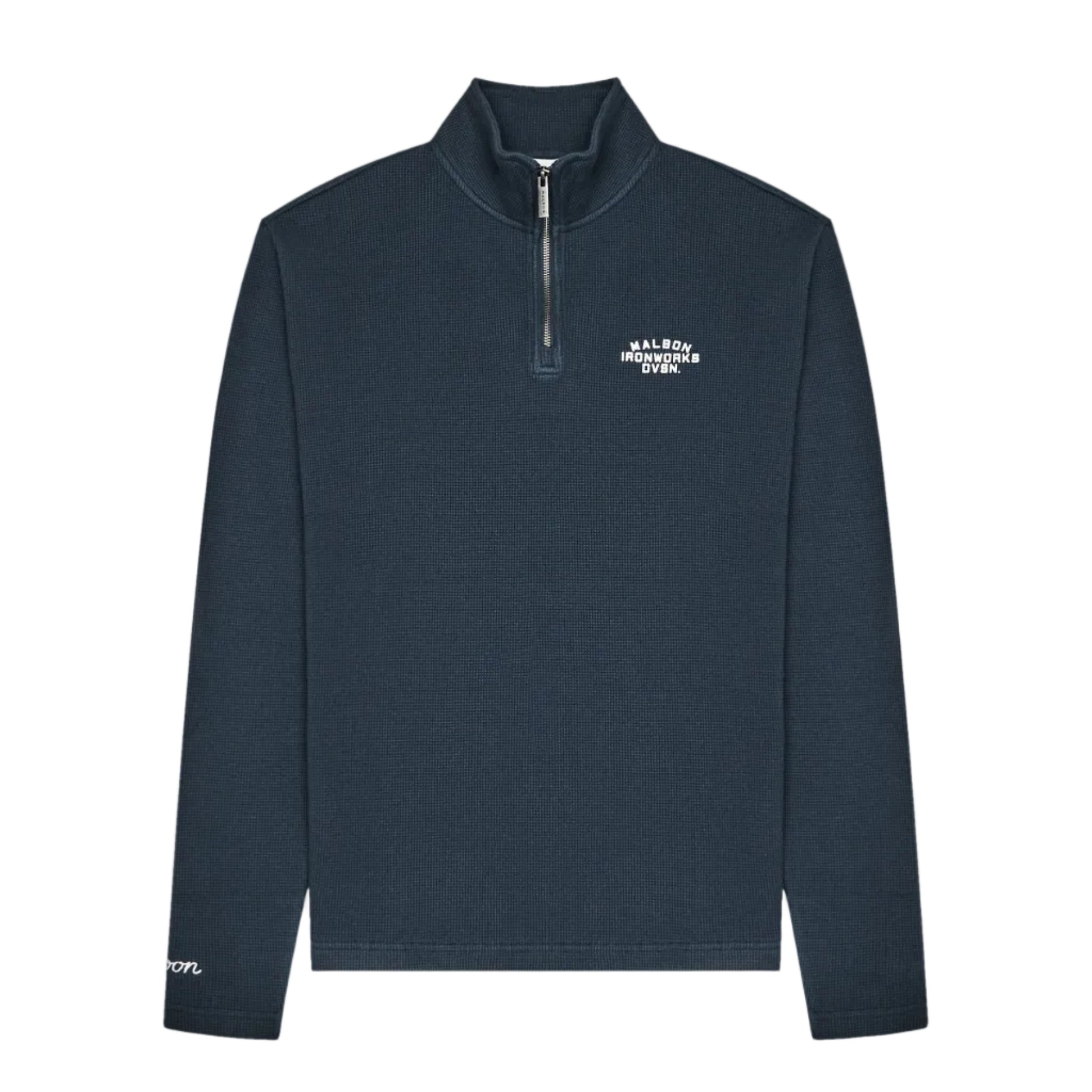A dark navy blue quarter-zip pullover sweater with a small white embroidered logo on the left chest, displayed on a clean white background.