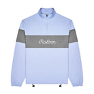 A light blue and gray colorblock quarter-zip pullover sweatshirt with 'Malbon' embroidered in white script across the chest, displayed on a clean white background.