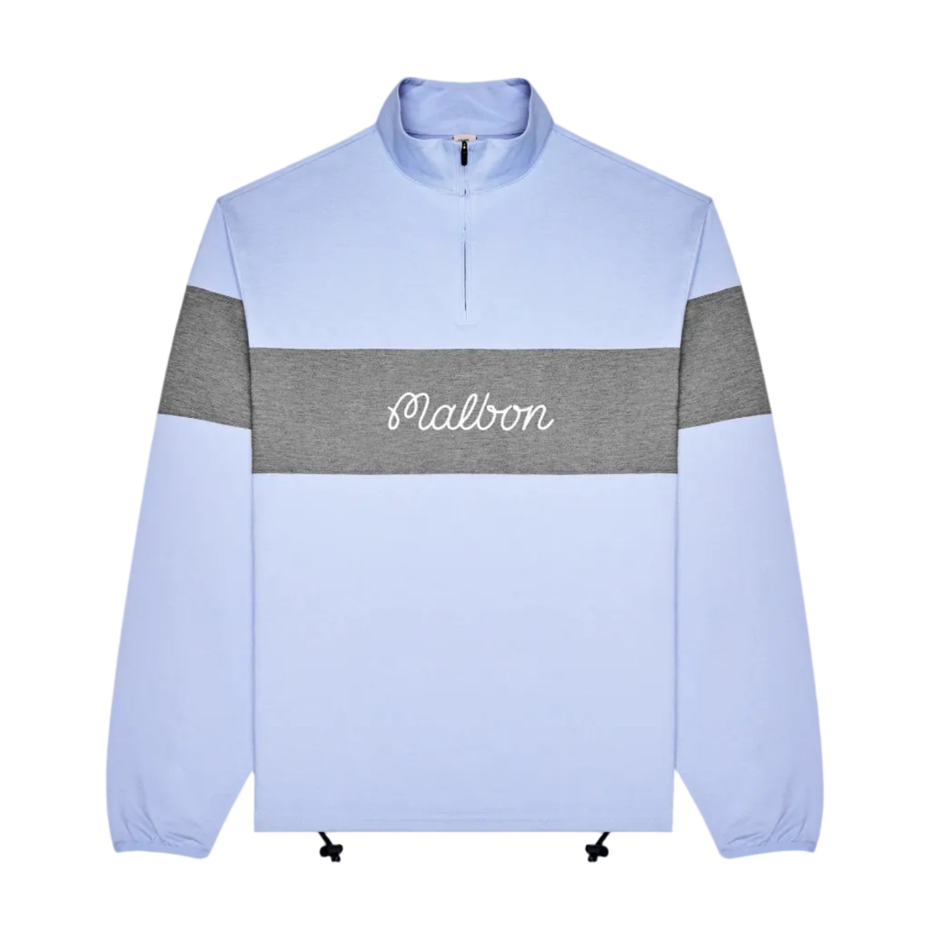 A light blue and gray colorblock quarter-zip pullover sweatshirt with 'Malbon' embroidered in white script across the chest, displayed on a clean white background.