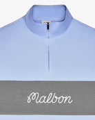 A close-up of a light blue quarter-zip pullover with a wide gray horizontal stripe across the chest and the word 'Malbon' in white script.