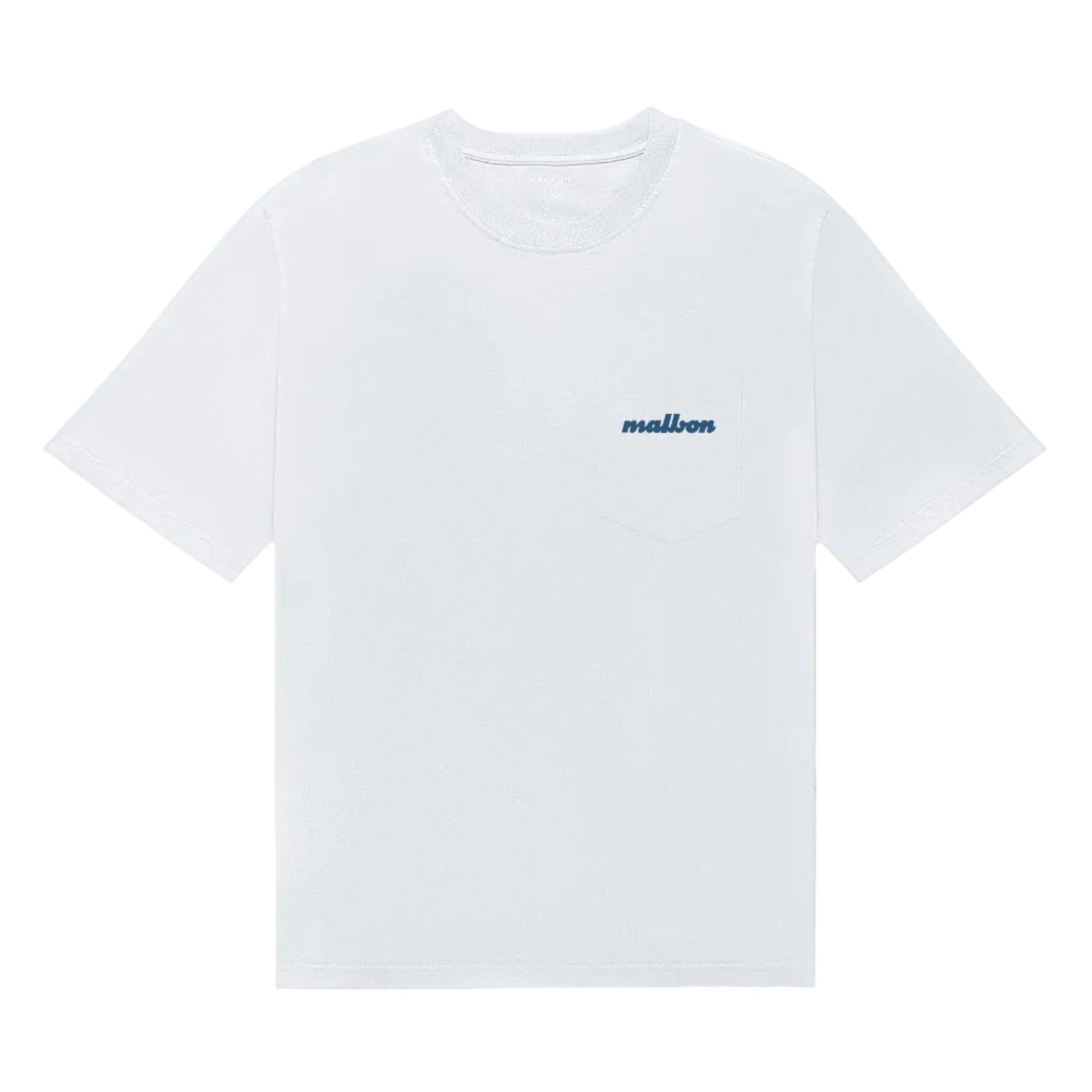 A white short-sleeve crewneck t-shirt with a small blue 'malbon' logo printed on the left chest, displayed on a clean white background.