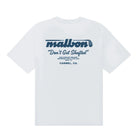 Back view of a white short-sleeve t-shirt with a blue graphic print on the back reading 'malbon' and 'Don't Get Shafted', displayed on a clean white background.