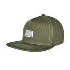An olive green flat-brim cap with a small white square patch on the front displaying the stylized 'M' logo, photographed on a clean white background.