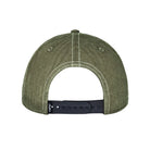 The back view of an olive green washed cotton baseball cap with a black adjustable snapback strap and white contrast stitching.