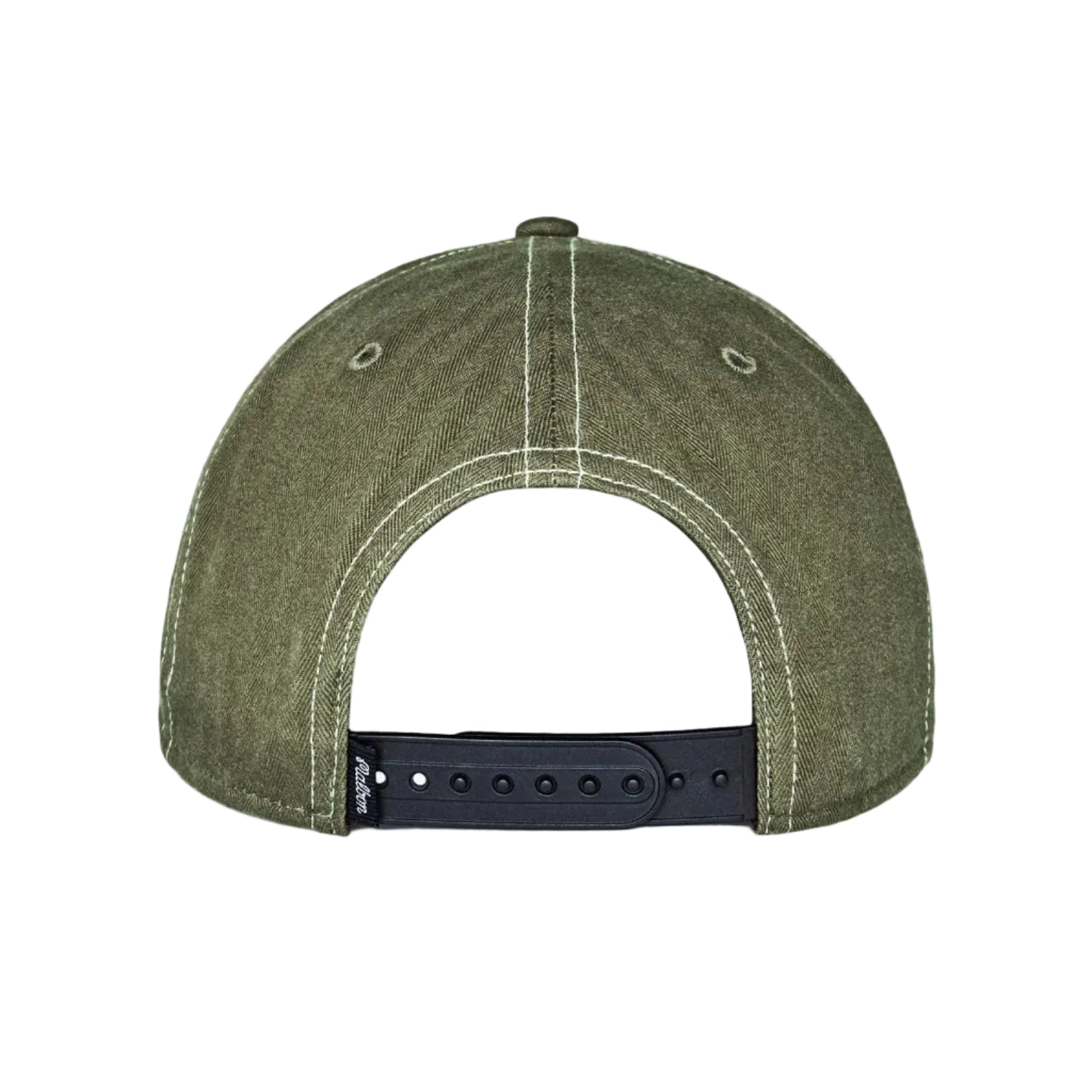 The back view of an olive green washed cotton baseball cap with a black adjustable snapback strap and white contrast stitching.