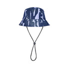 A blue and white abstract patterned bucket hat with a black chin strap, shown against a plain light gray background.