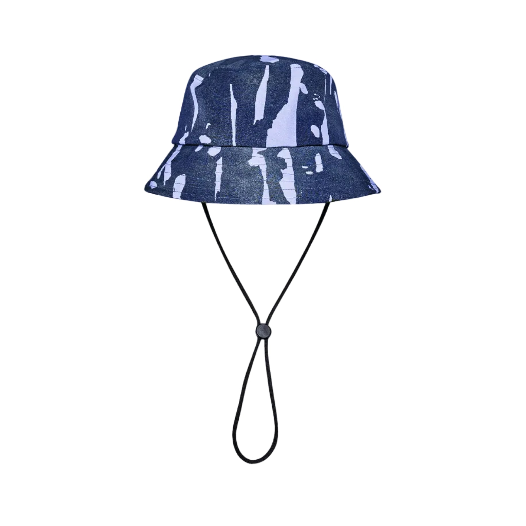 A blue and white abstract patterned bucket hat with a black chin strap, shown against a plain light gray background.