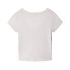 Back of a vintage white t-shirt laid flat on a white background.