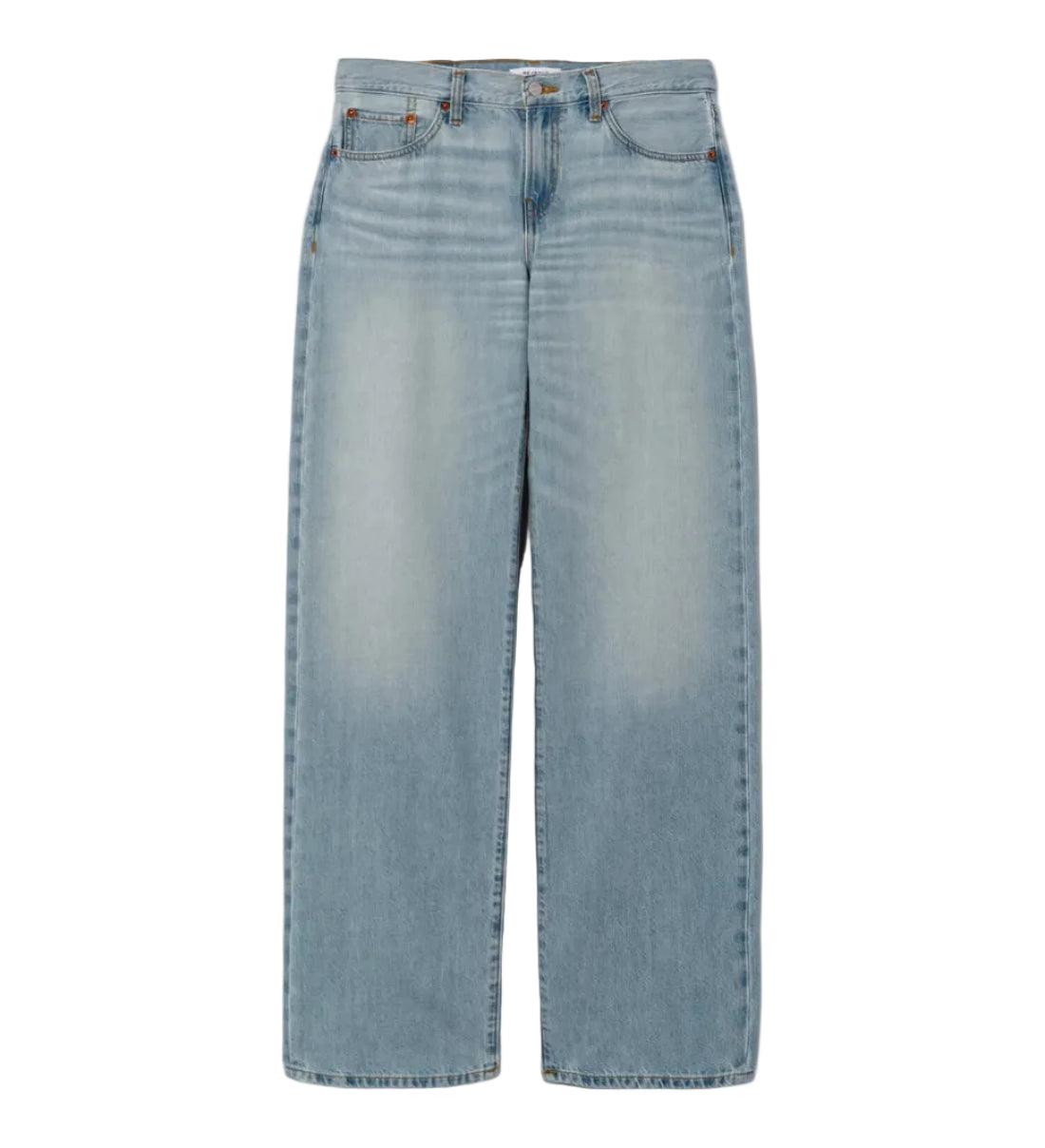 Light blue wash denim jeans by RE/DONE, straight-leg fit with faded finish, five-pocket styling, and copper hardware, shown flat against a white background.