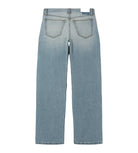 Back view of light blue wash denim jeans by RE/DONE, straight-leg fit with faded finish, patch pockets, and a blank white brand label at the waistband, shown flat against a white background.