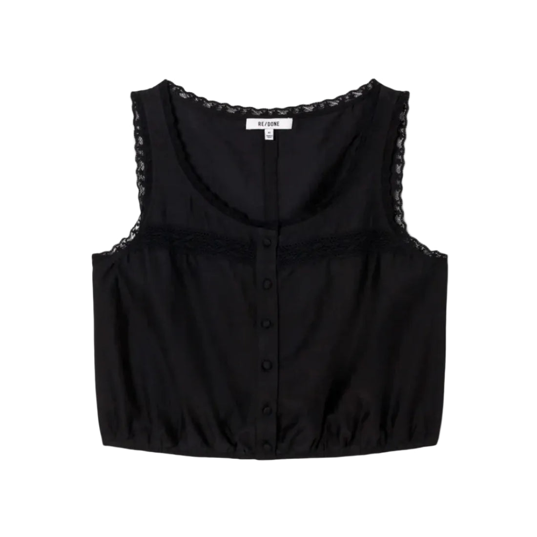 Flat-lay of the black Allegra Top by RE/DONE, a sleeveless cropped top with scalloped lace trim, a lace inset at the chest, and a button-front closure, shown against a white background.