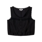 Flat-lay of the black Allegra Top by RE/DONE, a sleeveless cropped top with scalloped lace trim, a lace inset at the chest, and a button-front closure, shown against a white background.