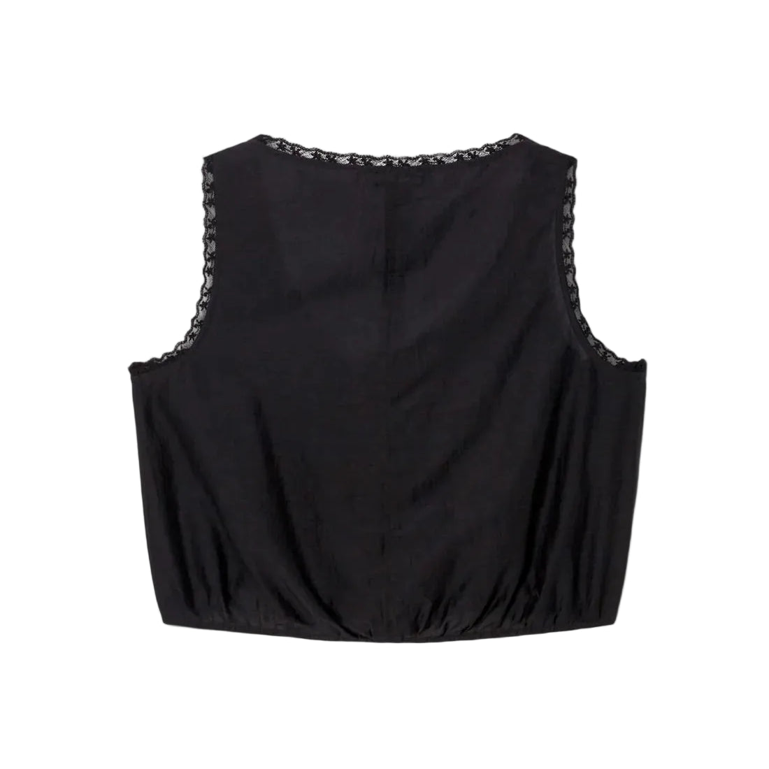 Back view of the black Allegra Top by RE/DONE, showing the sleeveless silhouette with scalloped lace trim along the neckline and armholes, shown flat against a white background.