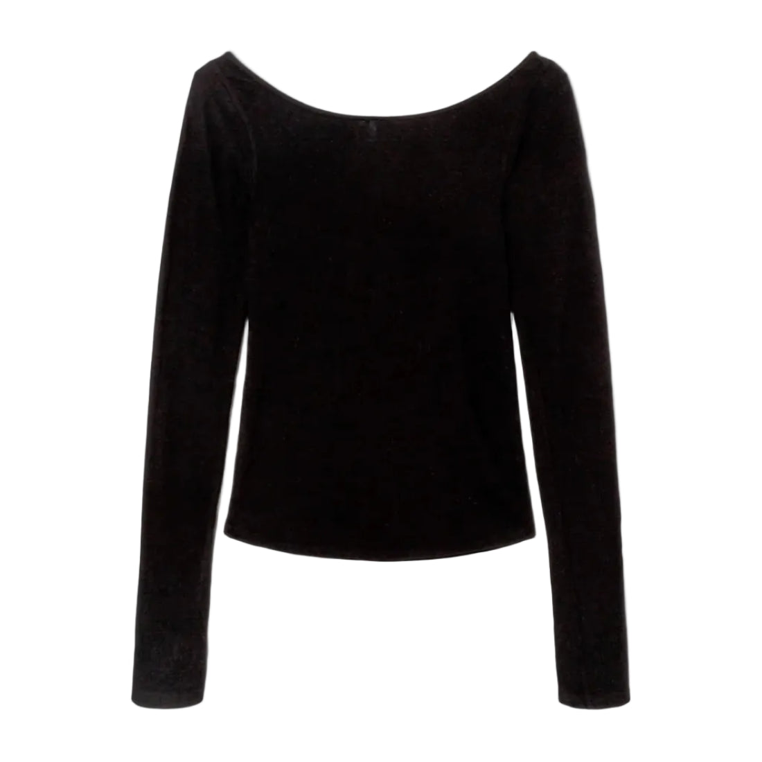 Flat-lay of a black long-sleeve top with a wide scoop neckline, shown against a white background.