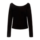Flat-lay of a black long-sleeve top with a wide scoop neckline, shown against a white background.