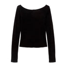 Back view flat-lay of a black long-sleeve top with a wide scoop neckline, shown against a white background.