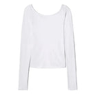 flat-lay of a white long-sleeve top with a wide scoop neckline, shown against a white background.
