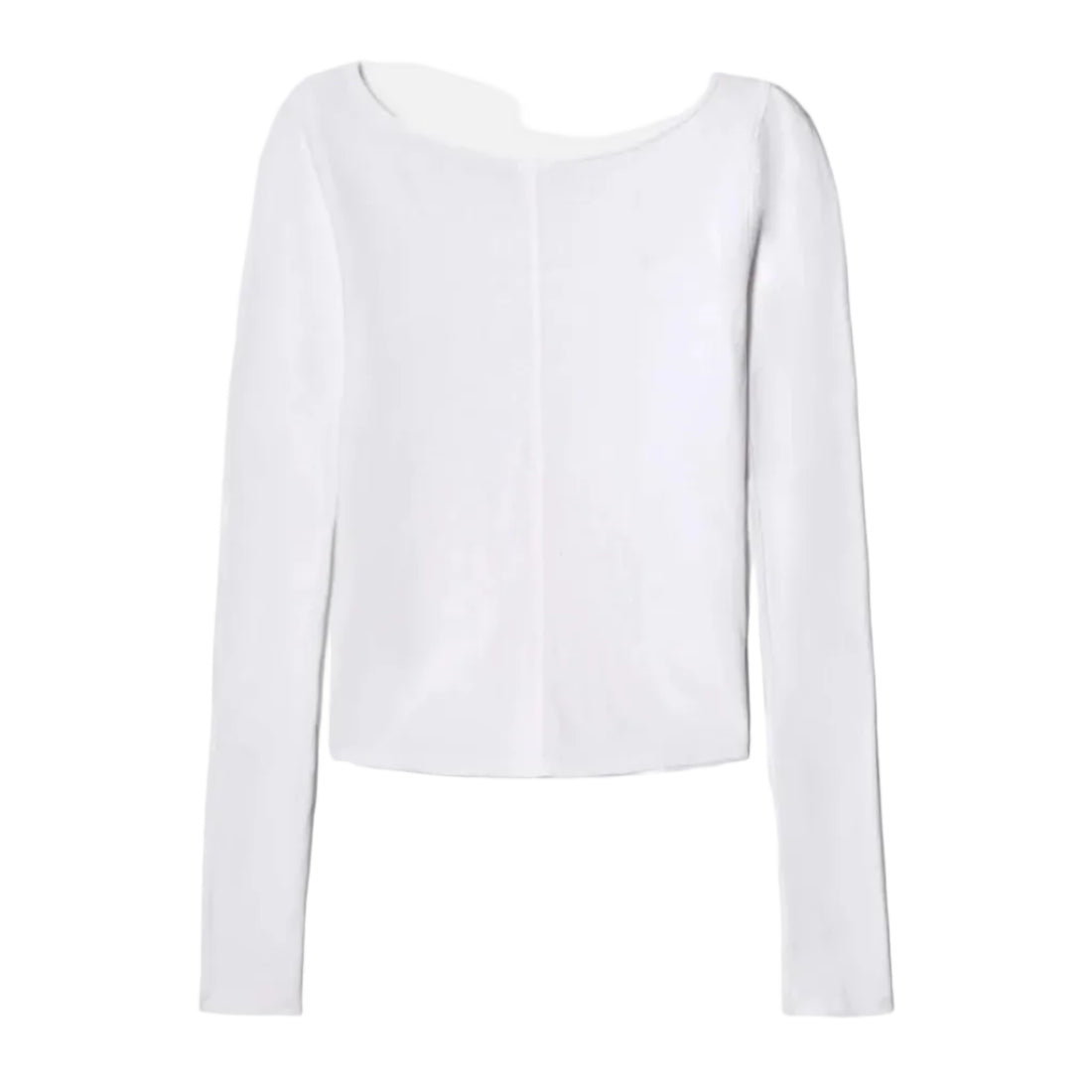 Back view flat-lay of a white long-sleeve top with a wide scoop neckline, shown against a white background.