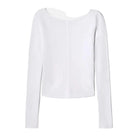 Back view flat-lay of a white long-sleeve top with a wide scoop neckline, shown against a white background.